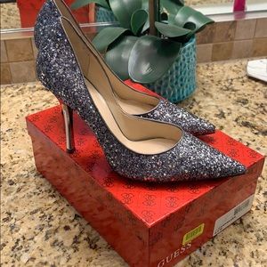 Guess Silver Glitter Carrielee Heels.